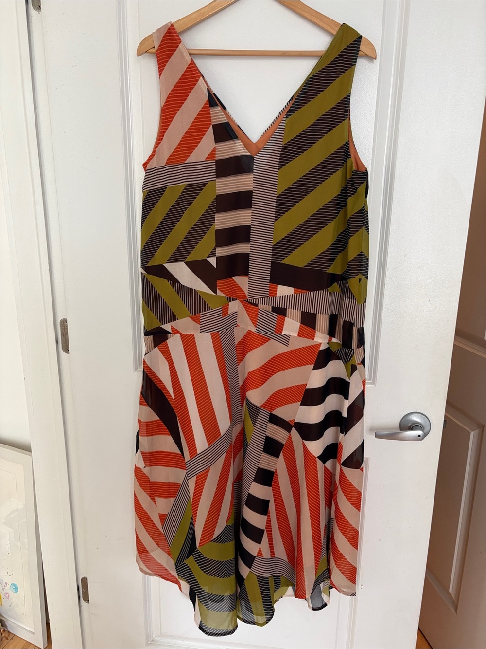 Commense V-Neck Sleeveless Geo-Stripe Dress in Orange, Olive & Black
